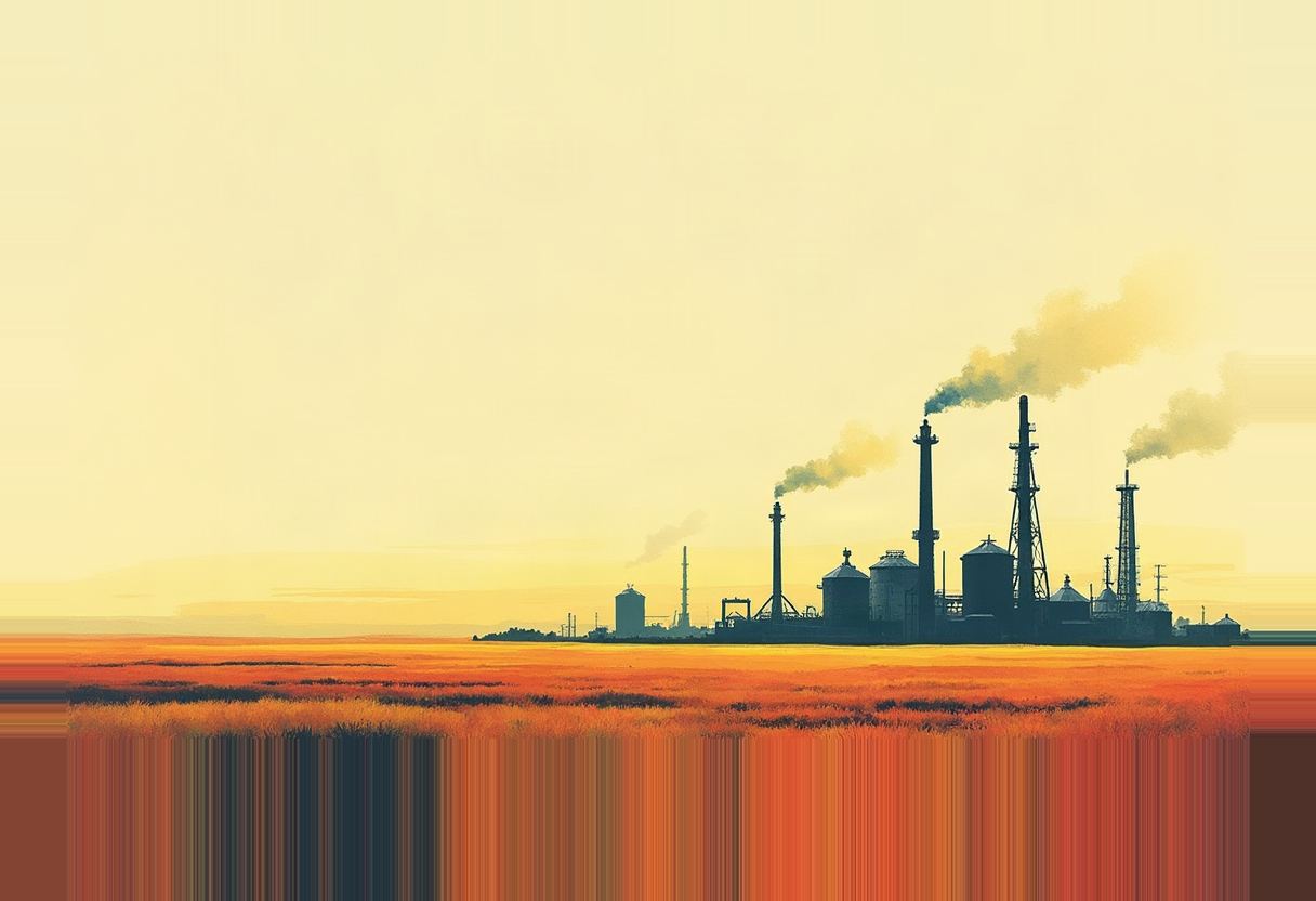 A dark industrial refinery silhouette with tall smokestacks and storage tanks sits on a flat horizon under a pale yellow sky, with two columns of smoke drifting upward, above an orange and rust-colored field.