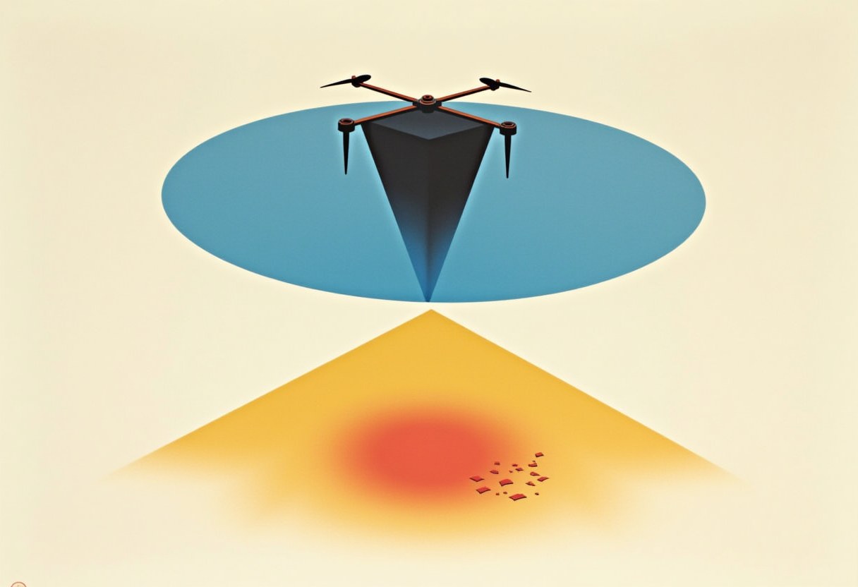 A dark drone with a downward-pointing triangular body hovers above a blue oval, over a yellow triangle beam with a red glow and scattered red shapes below.