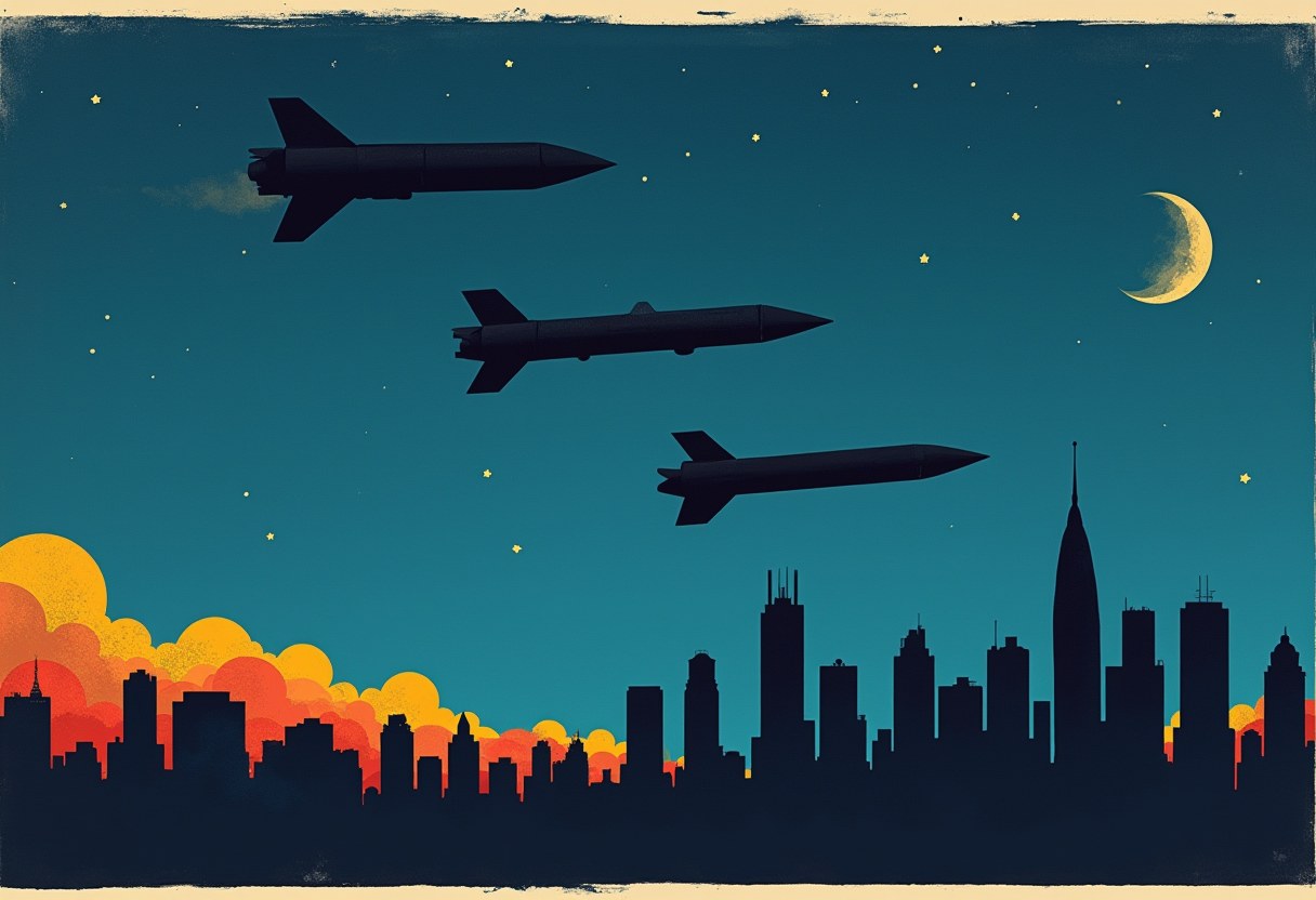 A deep cobalt night sky with a flat dark city skyline silhouette along the bottom; three flat black missile silhouettes cross the sky in a shallow diagonal line above the skyline, nothing between them and the skyline; a small flat pale-gold crescent moon sits in the upper corner.