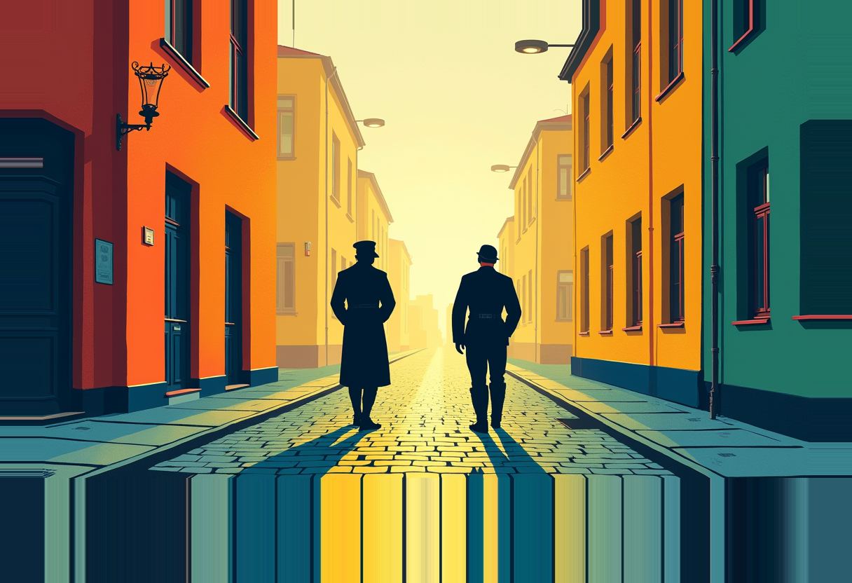 Two silhouetted men in coats and caps walk down a cobblestone alley between orange, yellow, and teal buildings under a bright hazy sky.