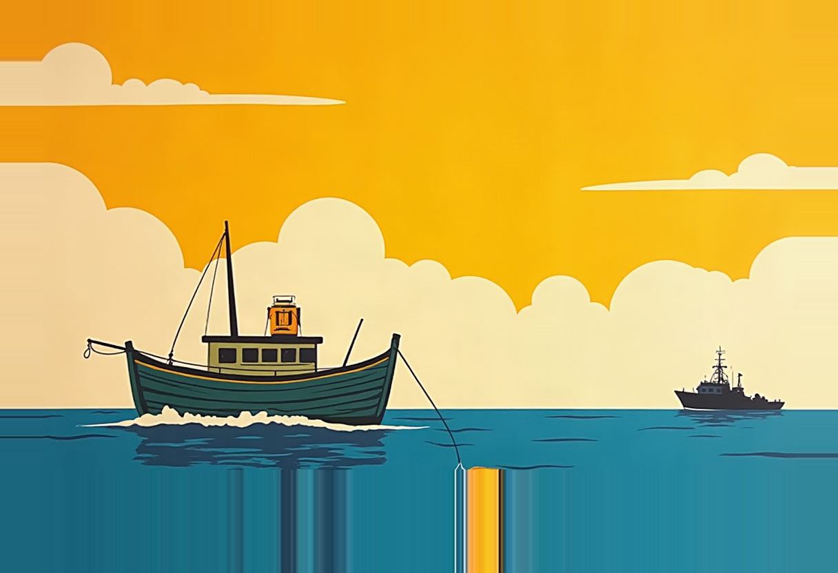 Illustration of a green wooden fishing boat trailing an orange glowing line into the sea, with a dark naval vessel in the distance under an orange sky.