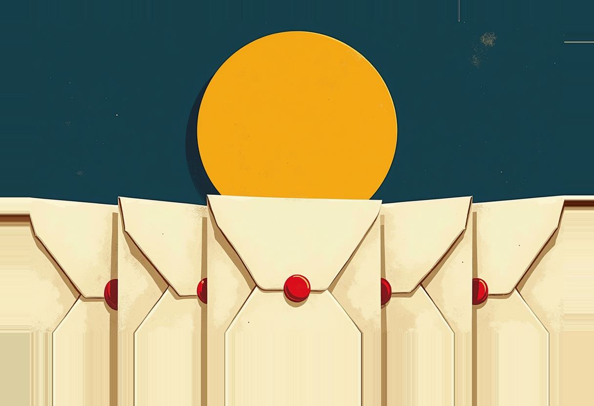 Five cream envelopes with red wax seals stand in a row against a dark teal sky, behind a large orange circle like a rising sun.