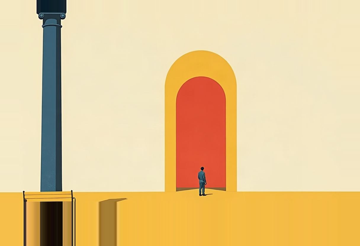 A small figure in a dark suit stands before a tall red archway framed in yellow, beside a giant blue column and a fenced pit, on a mustard-yellow platform.