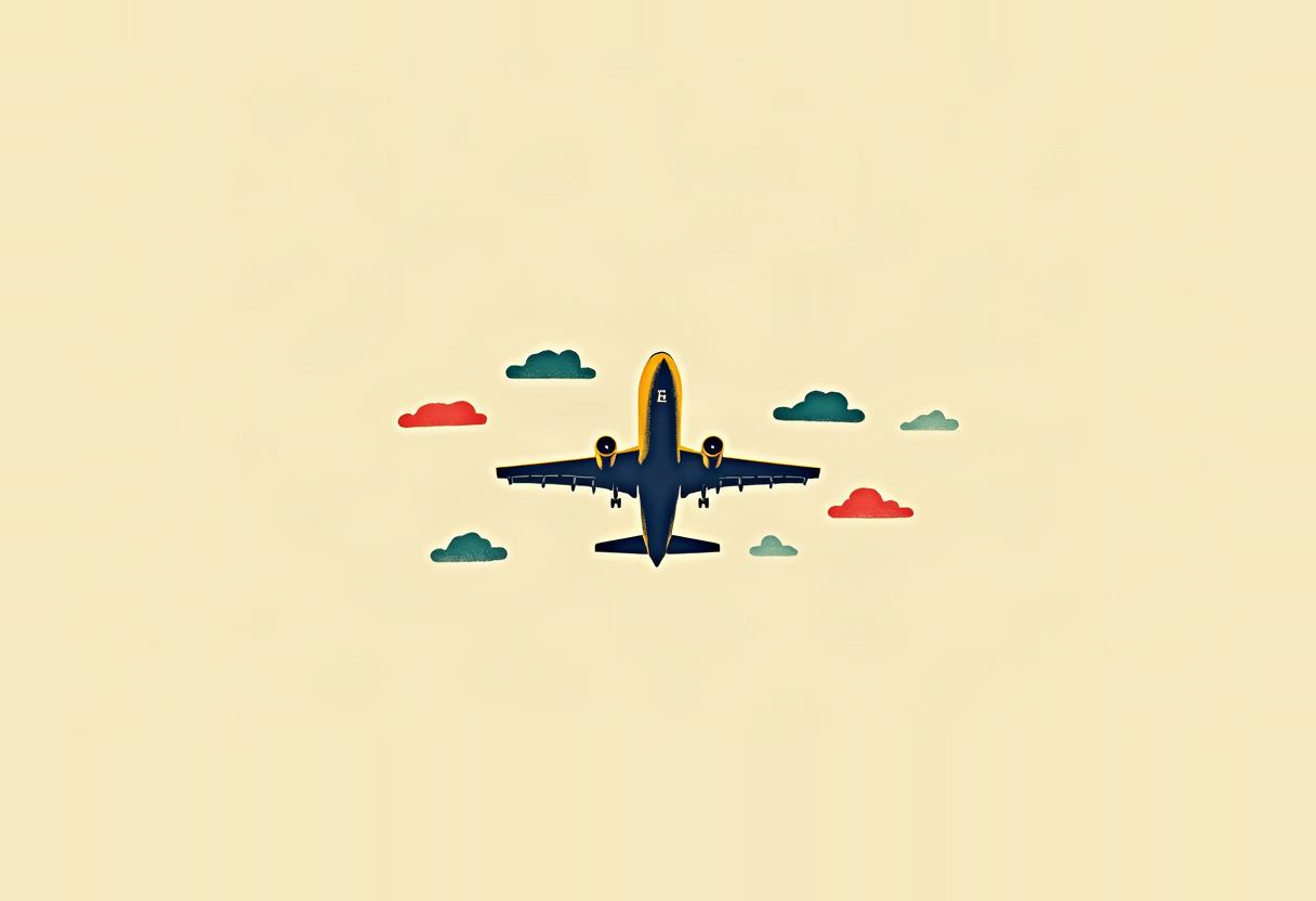 A small navy-and-yellow two-engine jet seen from above on a pale yellow background, surrounded by six flat teal and red cloud shapes.