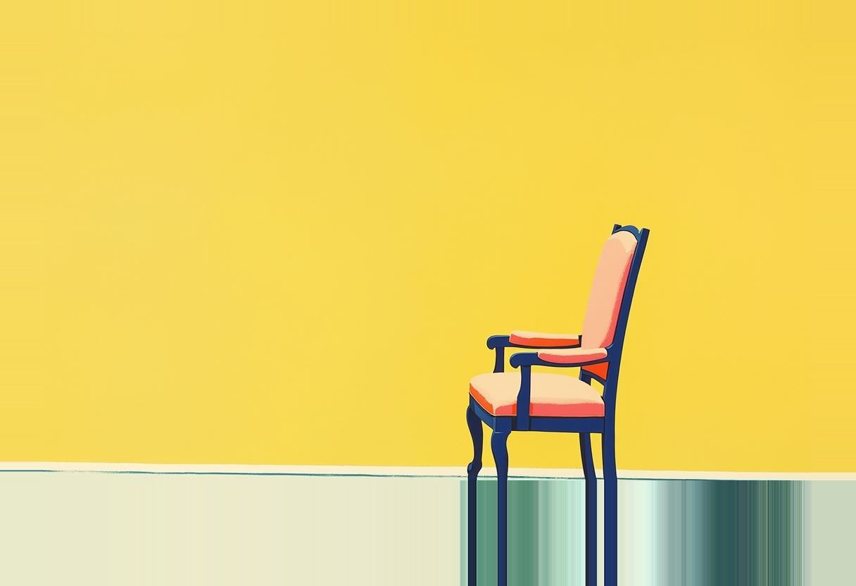 An empty dark blue armchair with peach and coral cushions stands on a pale green table against a solid yellow background.