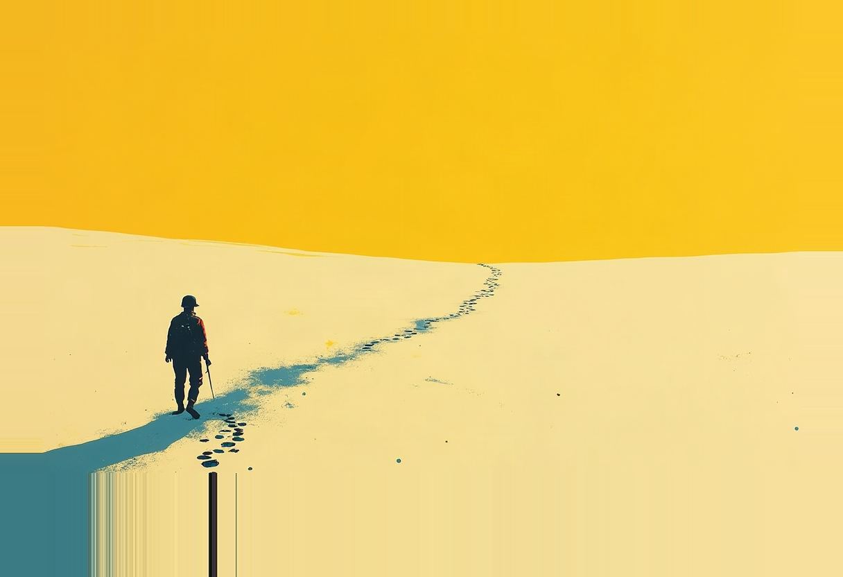 A helmeted figure carrying a rifle walks across pale sand under a solid orange-yellow sky, leaving a trail of footprints and a long blue shadow.
