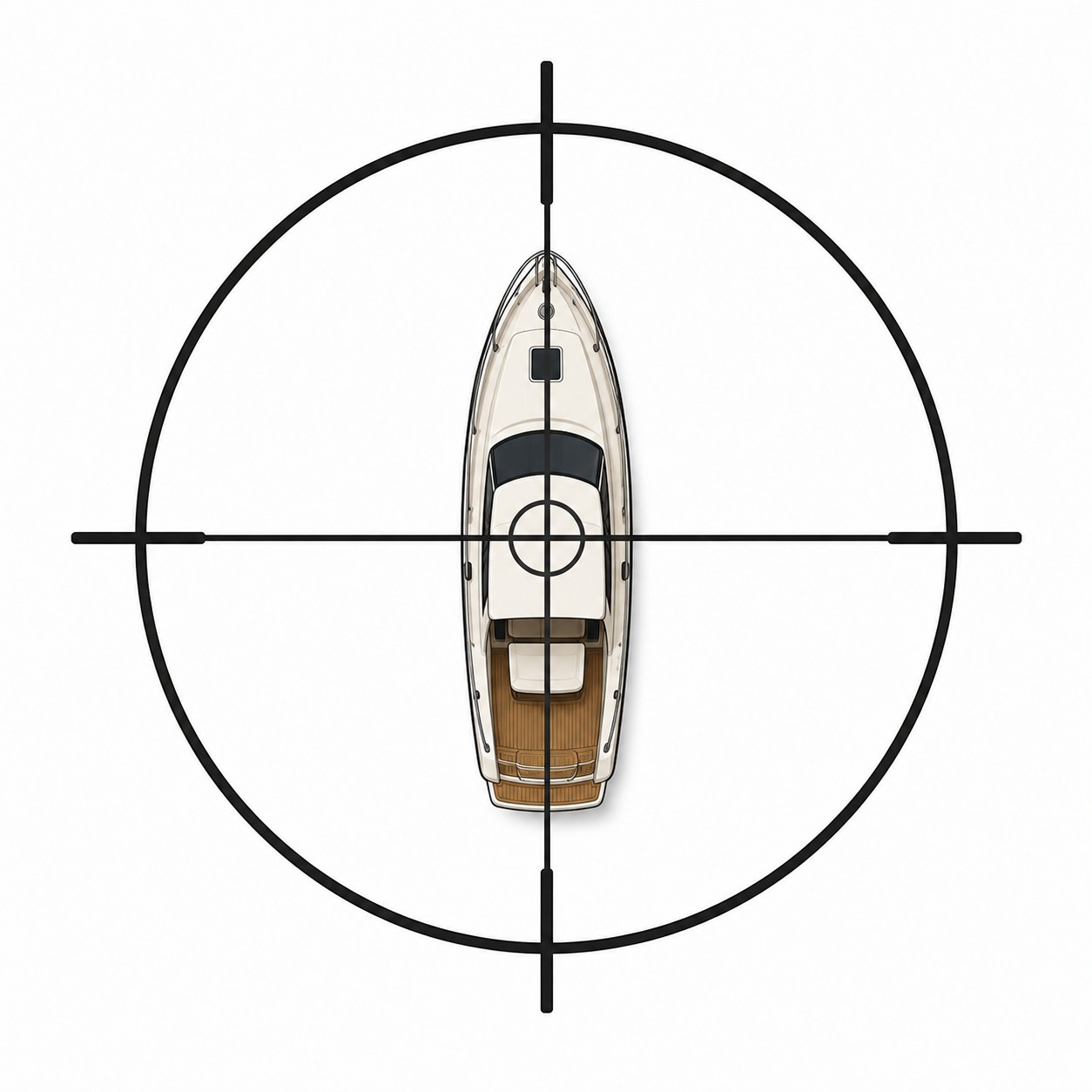 A pleasure boat centered in the crosshairs of a rifle scope.