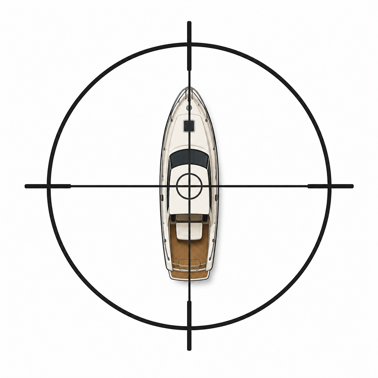 A pleasure boat centered in the crosshairs of a rifle scope.