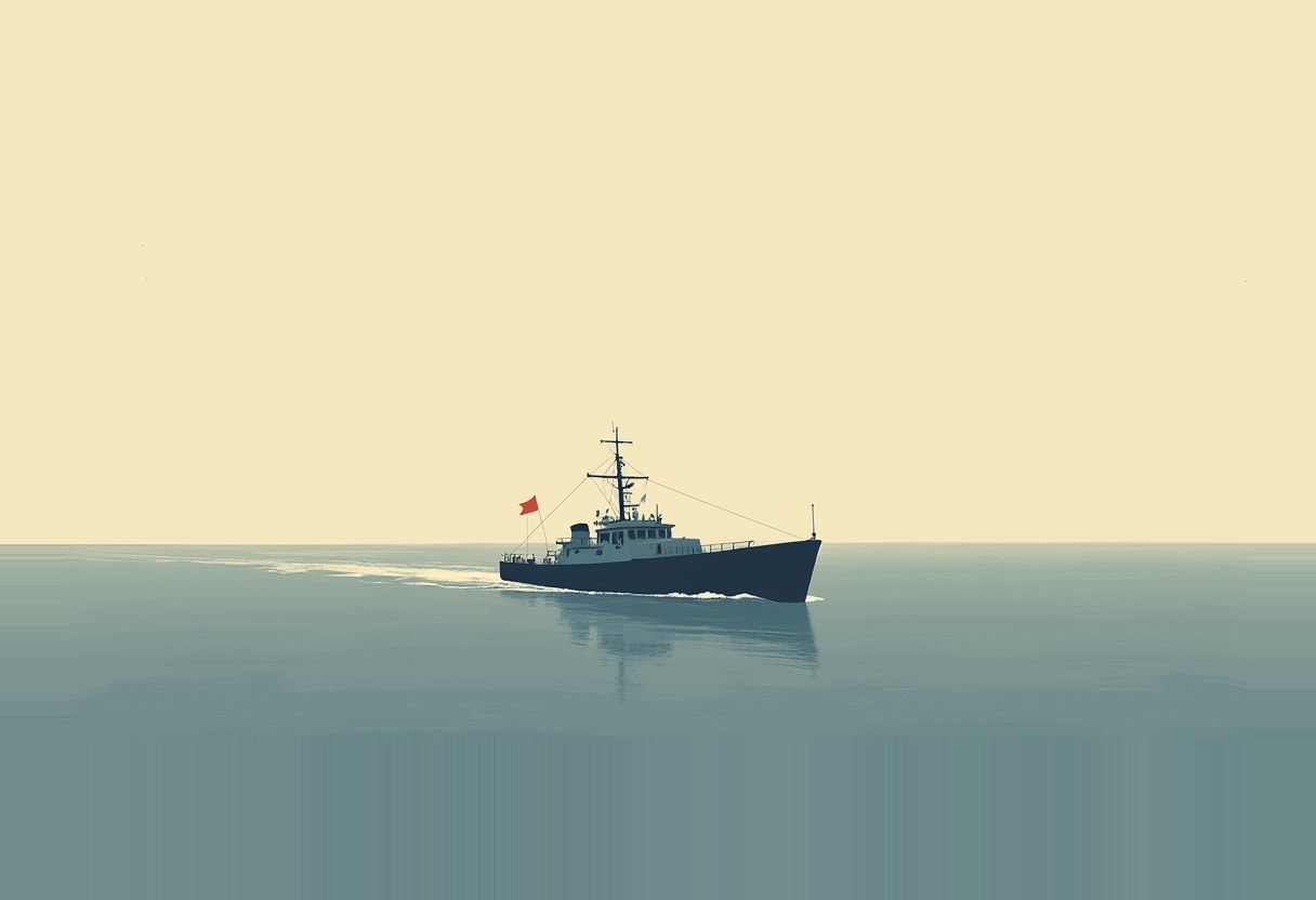 A dark blue boat with a white cabin and small red flag sails across calm water under a pale yellow sky, leaving a wake behind it.