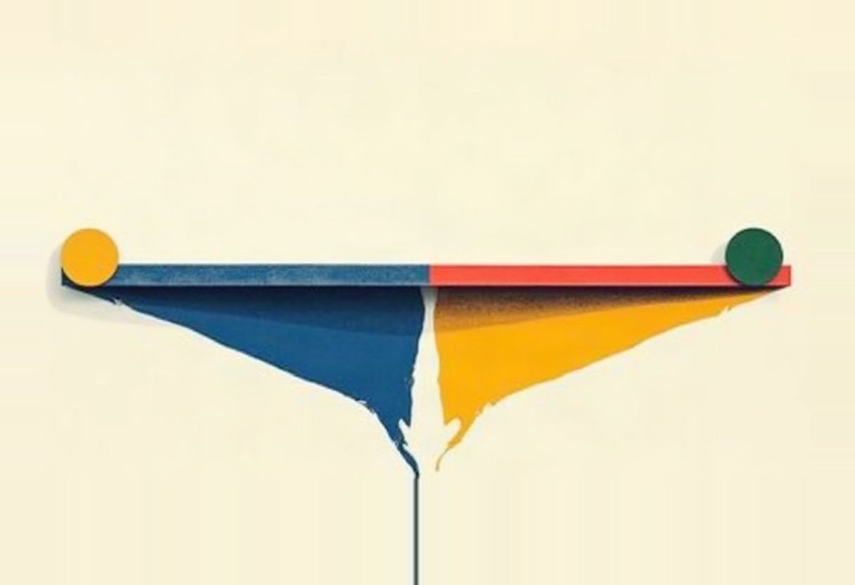 A horizontal bar split blue and red, with a yellow circle on the left end and a green circle on the right, drips blue and yellow paint downward into a thin converging point on a cream background.