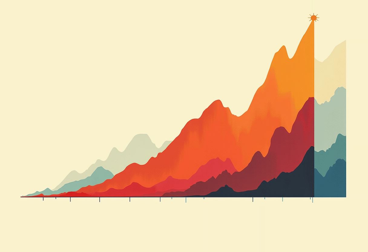 Layered mountain-range chart in teal, red, and orange rising left to right to a sharp peak topped by a small sun icon, on a pale yellow background.