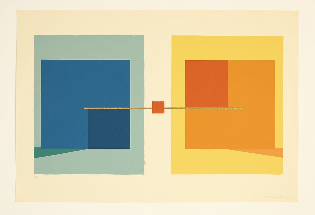 Abstract print of a blue square panel on the left and an orange/yellow square panel on the right, linked by a horizontal gold bar through a small red square at center.
