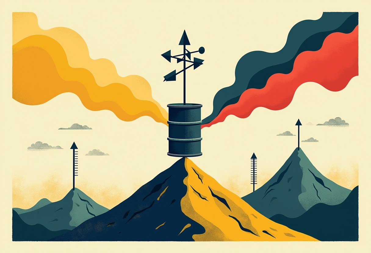 Editorial illustration of an oil barrel on a summit with two opposite forecast arrows, one descending to calm, one rising into storm clouds