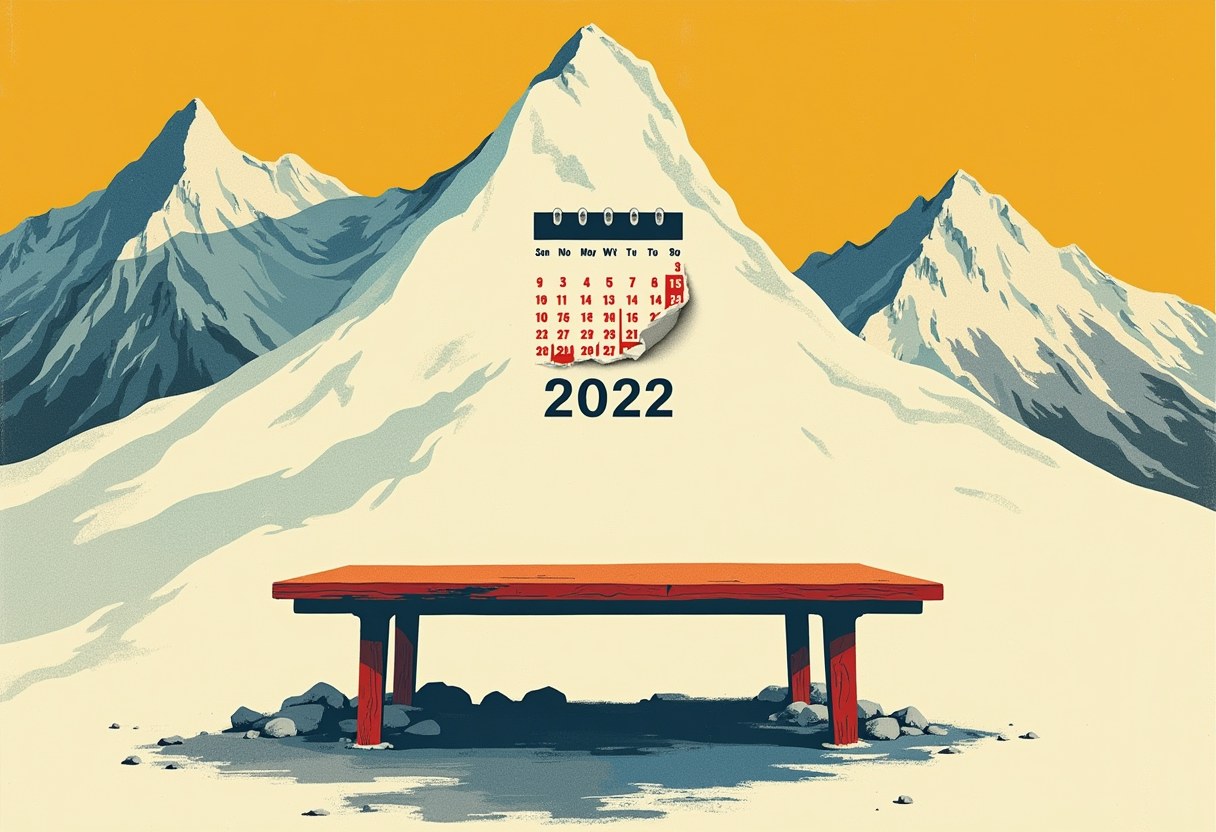 Editorial illustration of an empty mountain summit table before a calendar whose single date is circled, crossed out, and torn