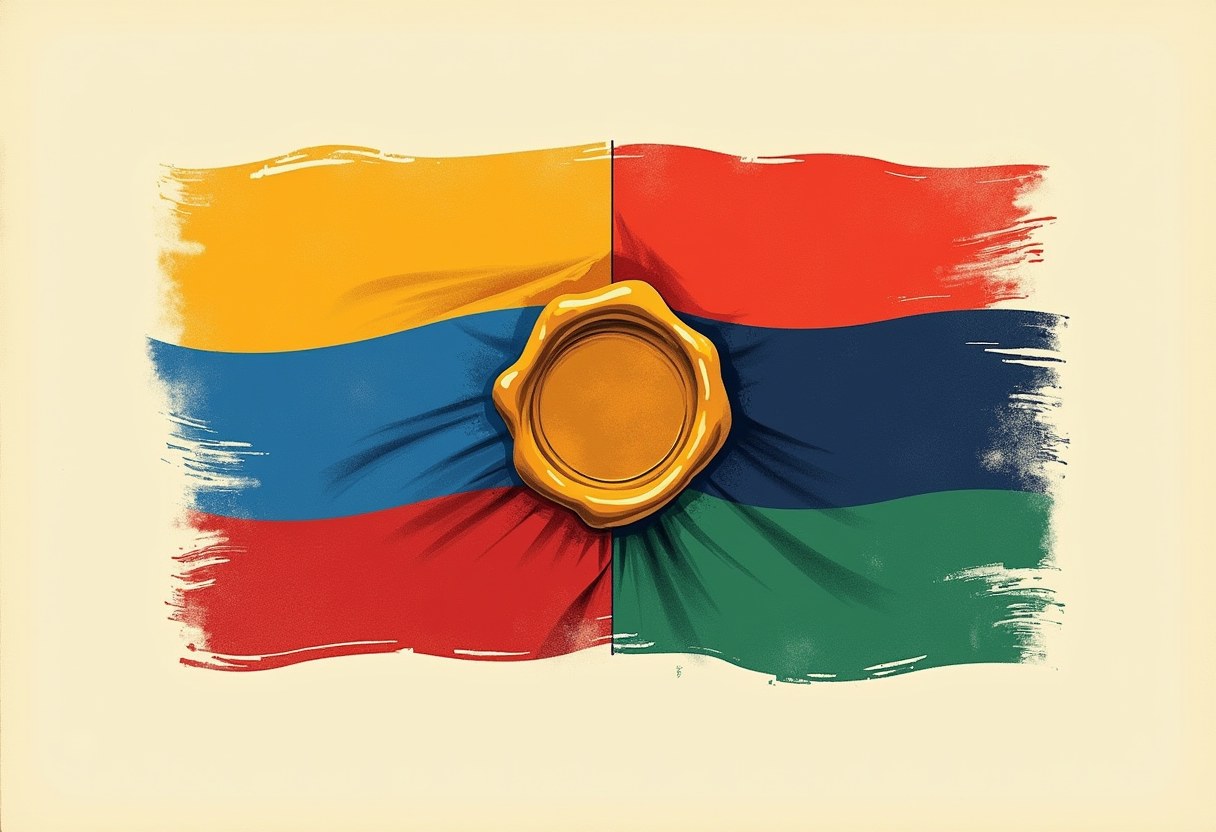 Editorial illustration of two flags folded into one banner with a wax seal pressed half off the page