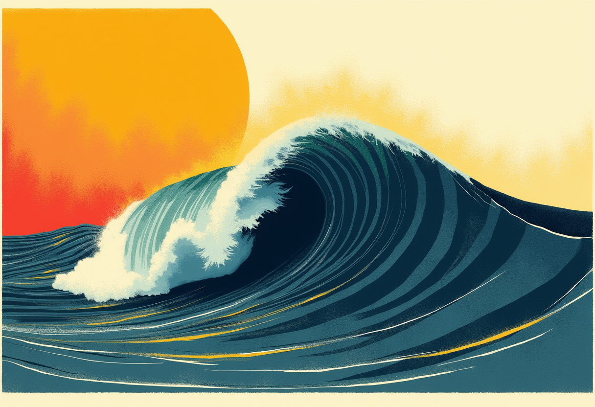 A heavy wave on a dark sea, frozen mid-crest with a single seam running vertically through it