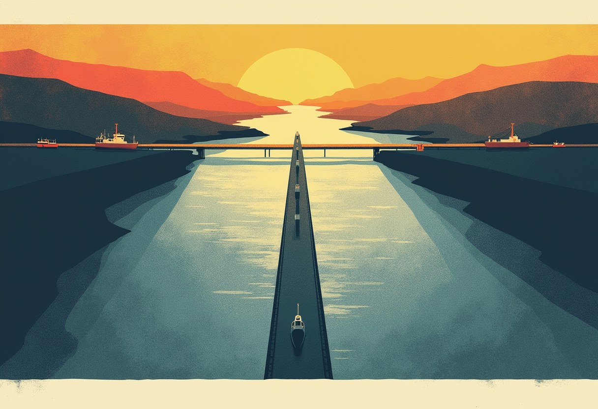 Abstract risograph aerial view of a narrow strait between dark landmasses, a barrier line crossing the channel with cargo-ship silhouettes queued, amber sky