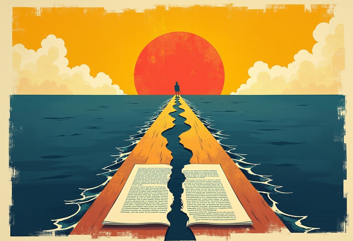 A sea-strait forking into two channels under a sun both rising and setting, beside a treaty torn in two — one event told two incompatible ways.