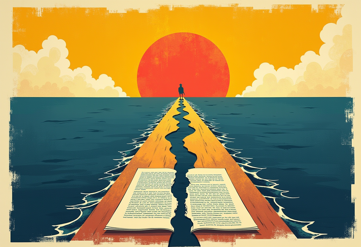 A sea-strait forking into two channels under a sun both rising and setting, beside a treaty torn in two — one event told two incompatible ways.