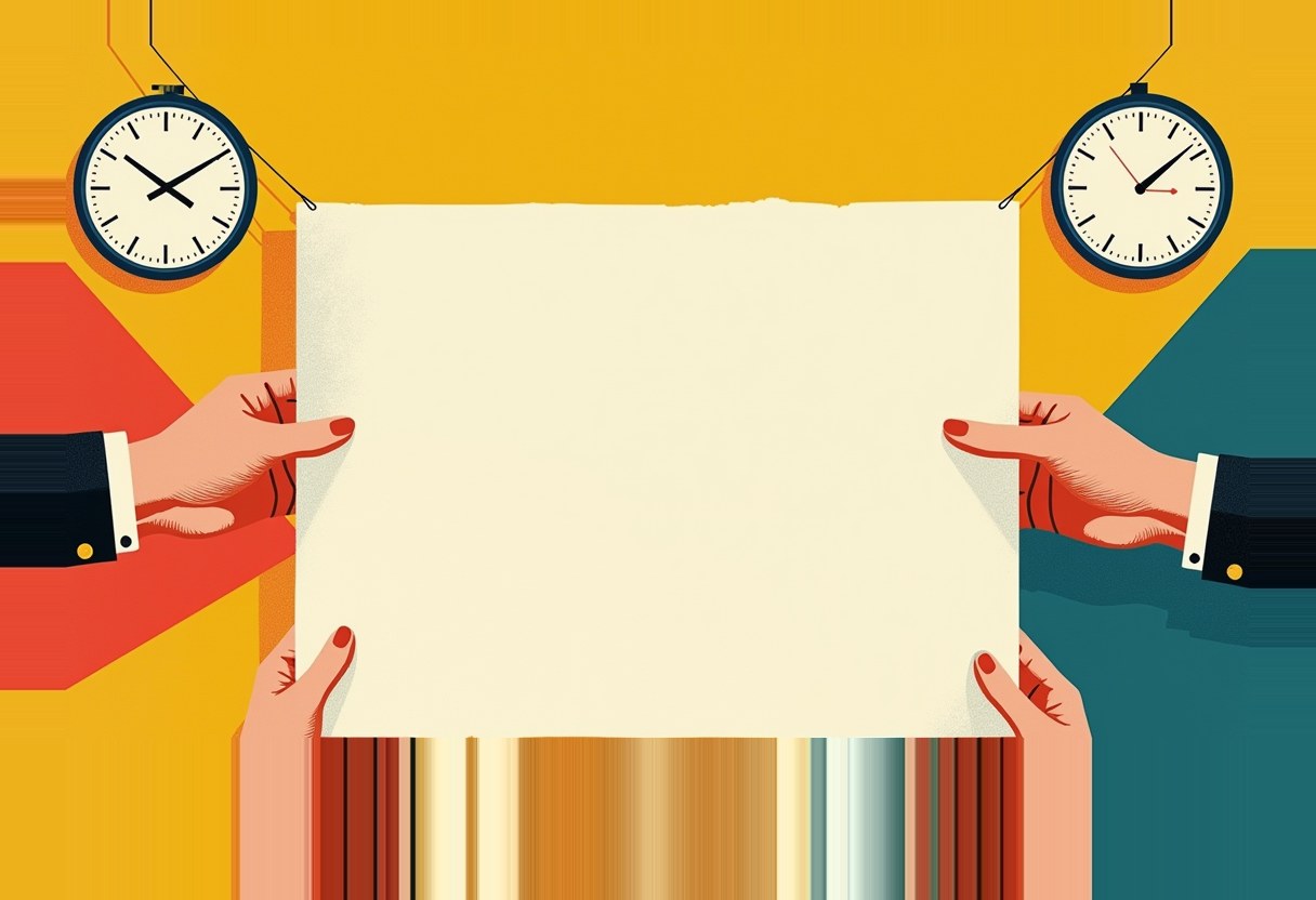 Two pairs of hands in suit sleeves hold a blank cream sheet of paper between them, flanked by two clocks hanging above against a yellow and teal background.