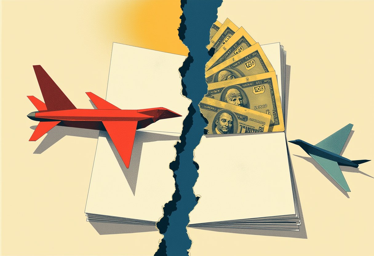 Editorial illustration of a treaty document split into a money half and a blank half, a folded dove and jet rising from it