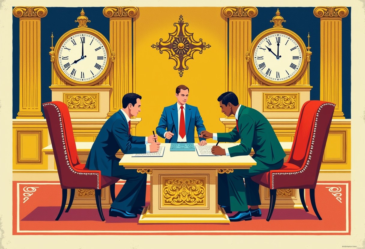 Editorial illustration of a palace document signed simultaneously by a fingertip and a pen under two clocks showing different days