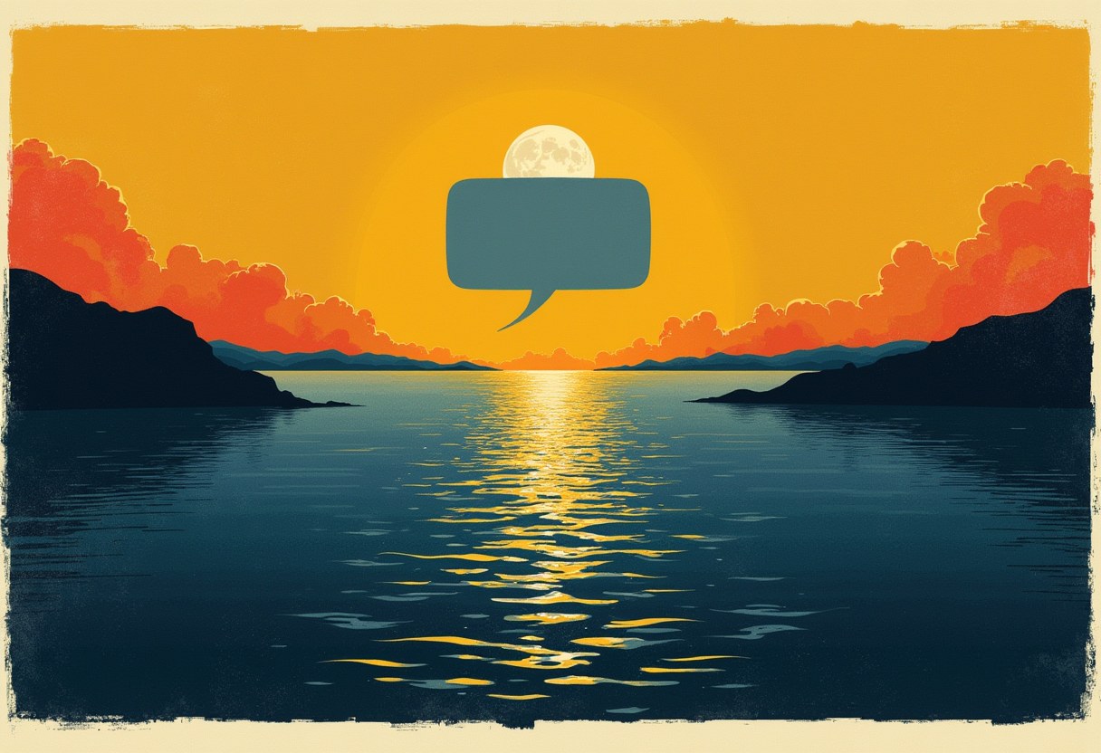 A narrow strait at dusk framed by dark headlands, a full moon behind a single blank grey speech bubble hanging over the water — the unanswered question, the silence where the day's confirmation should be.
