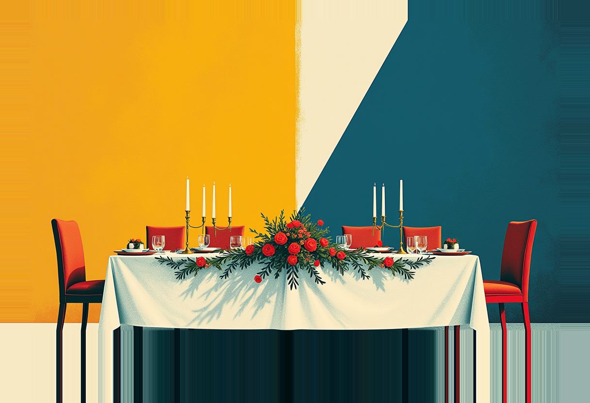 A long banquet table set with white cloth, red roses, brass candelabras and red chairs, empty, against a wall split diagonally into orange and teal halves.