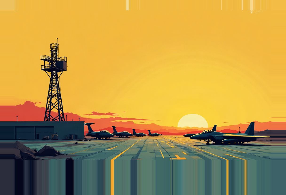 Fighter jets parked on an airfield tarmac beside a control tower silhouette, under an orange-yellow sunset with distant mountains.