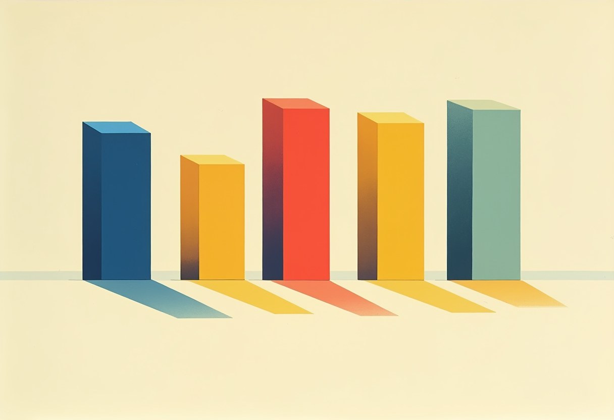 Five 3D bar-chart columns of varying heights in blue, yellow, red, orange, and teal cast long shadows on a pale cream background.