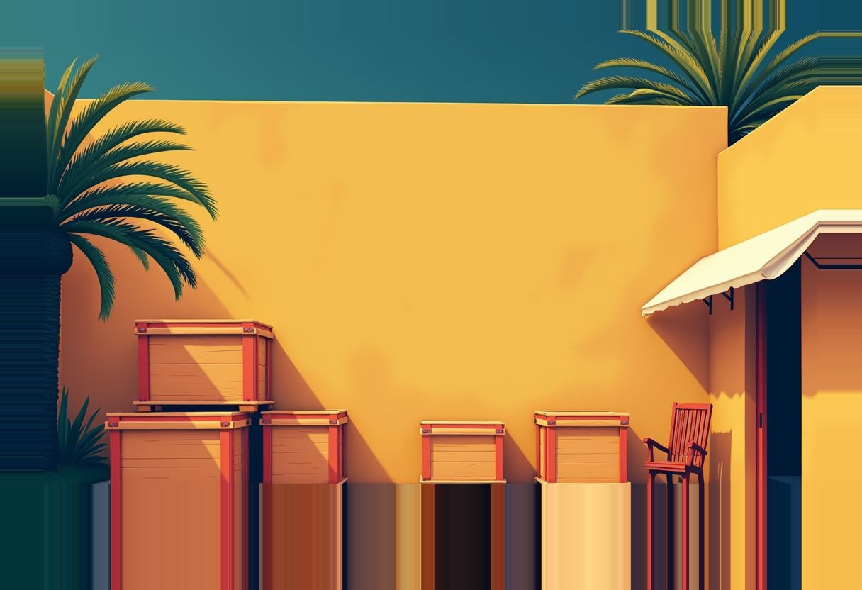 Five stacked wooden crates with red trim sit against a yellow courtyard wall beside an empty wooden chair, palm trees, and a building with a white awning, under a teal sky.