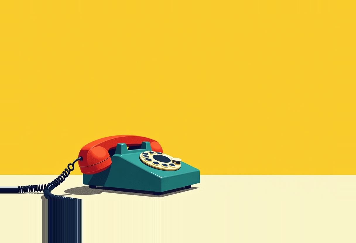 A flat screenprint illustration of a single black field-telephone handset lying on a warm off-white desk, its coiled cord lifting and trailing off toward an empty golden-yellow field — the line connects to nothing, no second handset in frame.