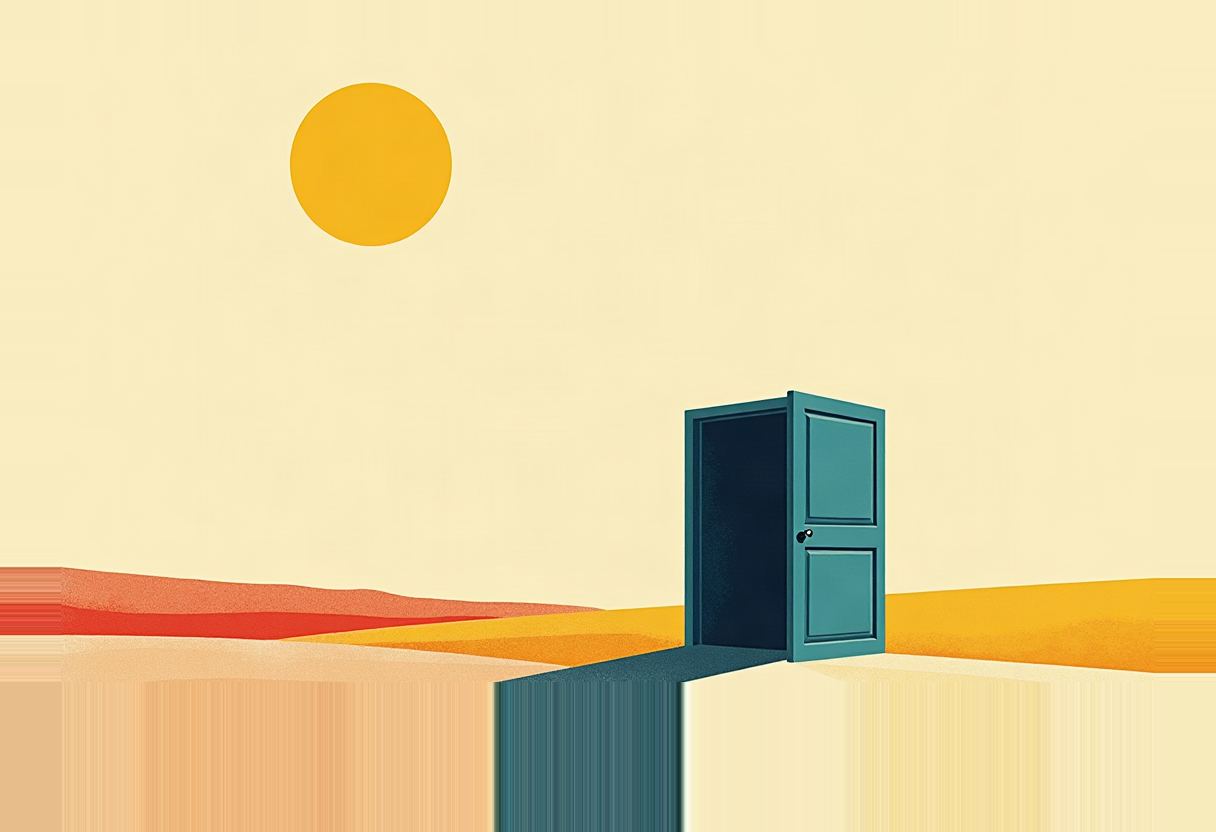 A teal door stands open on layered desert dunes in orange and yellow, its dark interior and shadow forming one unbroken vertical stripe, under a plain yellow sun.