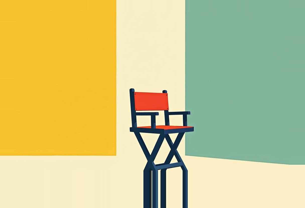 An empty tall director's chair with a red seat and back sits atop stretched navy-blue legs, flanked by yellow and teal rectangular backdrops on a cream background.