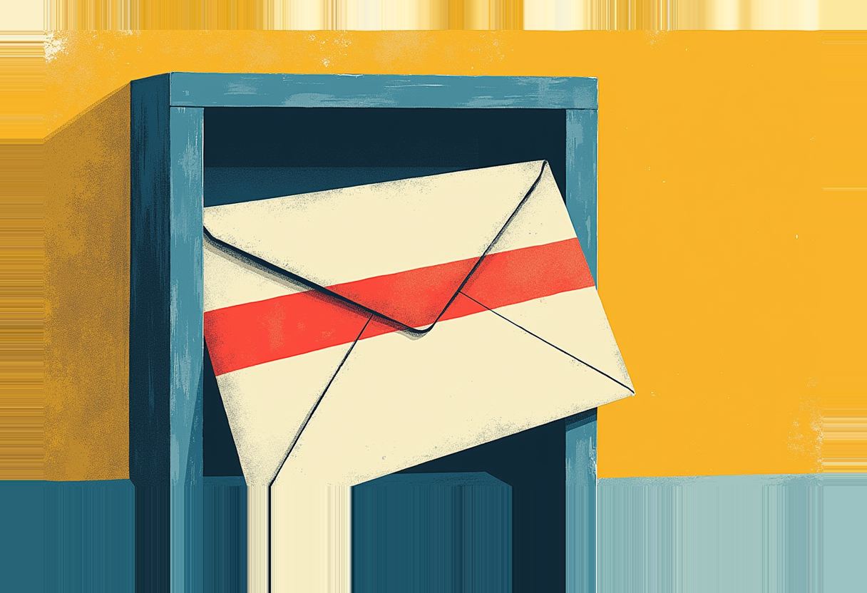 A cream envelope with a diagonal red stripe protrudes from a blue mail slot against a yellow background.