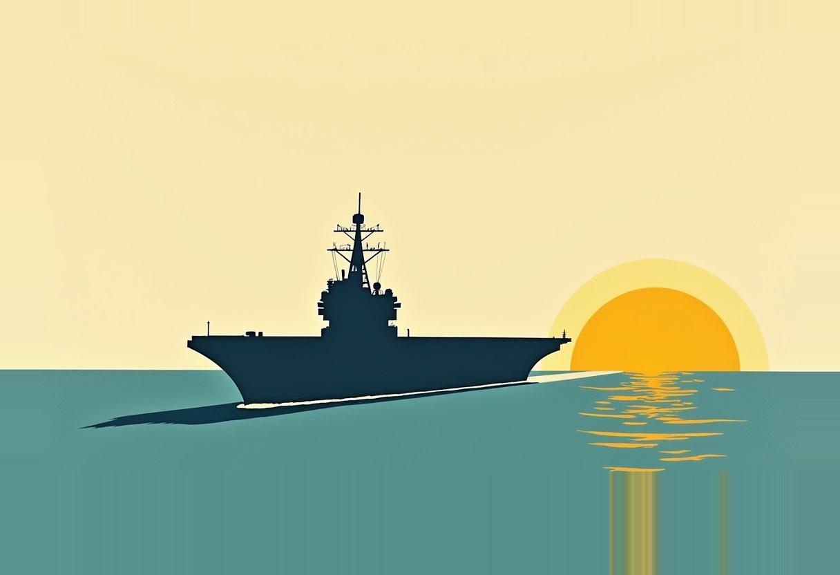 A dark silhouetted aircraft carrier with island tower trails a white wake across teal water, beside a large orange sun low on a pale yellow horizon.