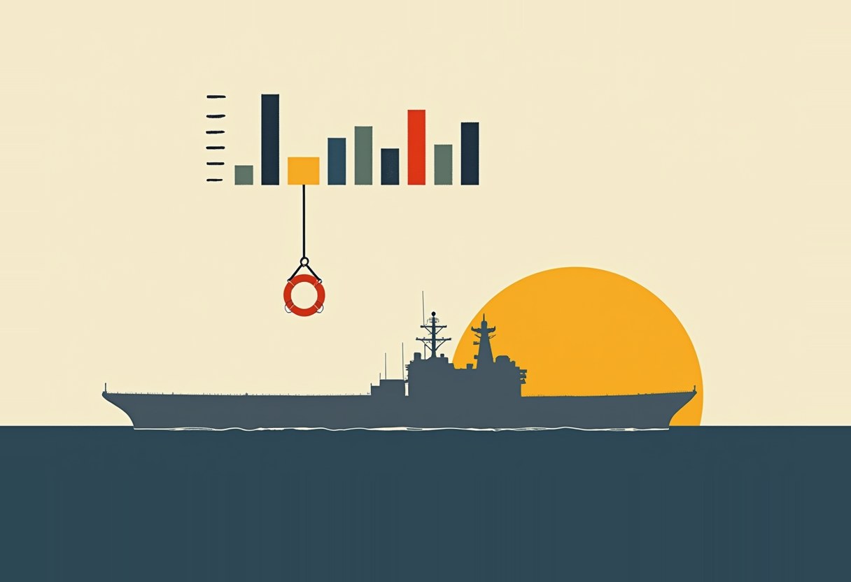 A dark aircraft carrier silhouette sails past a large orange sun, beneath a bar chart with a life ring hanging below one yellow bar.