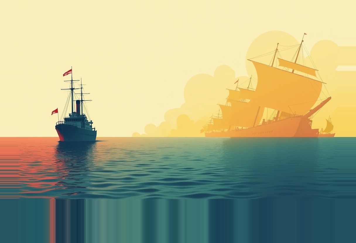 A small red-and-black steamship with two flags sails on teal water toward a much larger orange sailing ship silhouetted against a yellow sky.