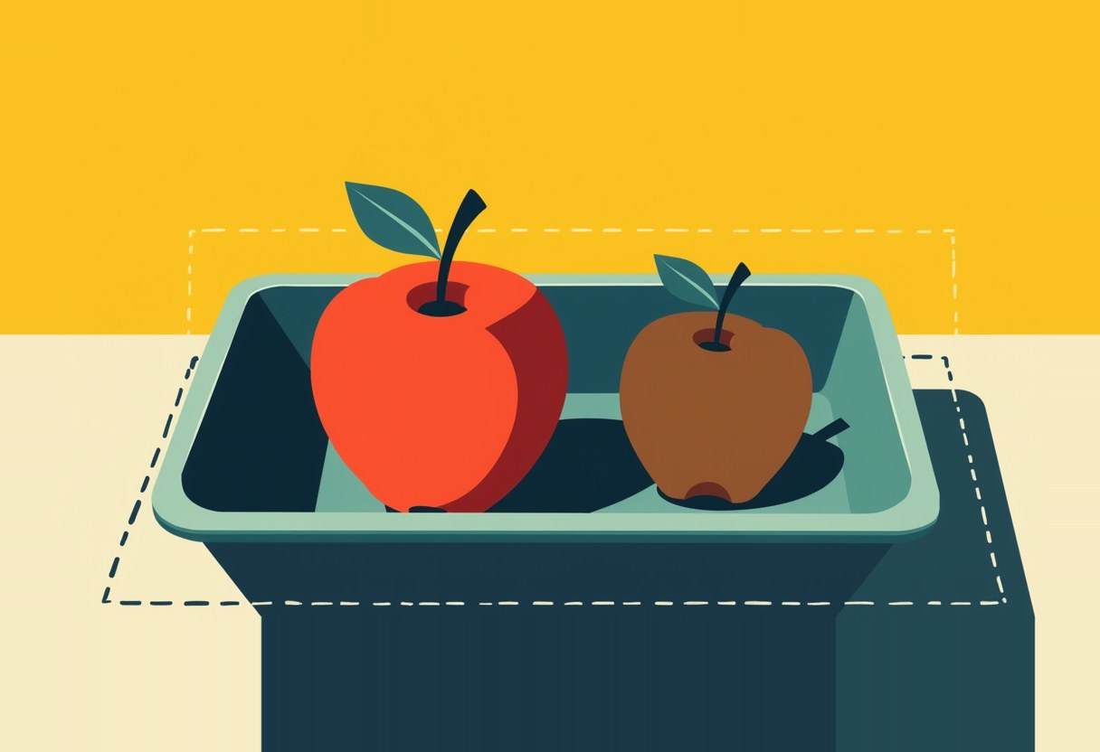 A red apple and a browning apple sit in a teal tray on a dark pedestal, outlined by a dashed box, against a yellow and cream background.