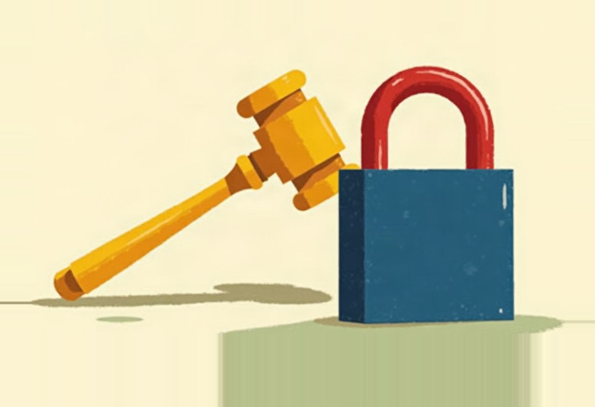 A yellow wooden gavel angled downward beside a navy blue padlock with a red shackle, on a pale yellow background.