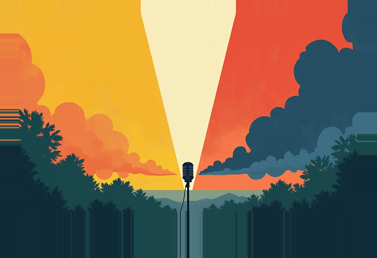 A vintage microphone stands between orange clouds on the left and dark blue clouds on the right, with a pale beam of light rising between them over a treeline and hills.