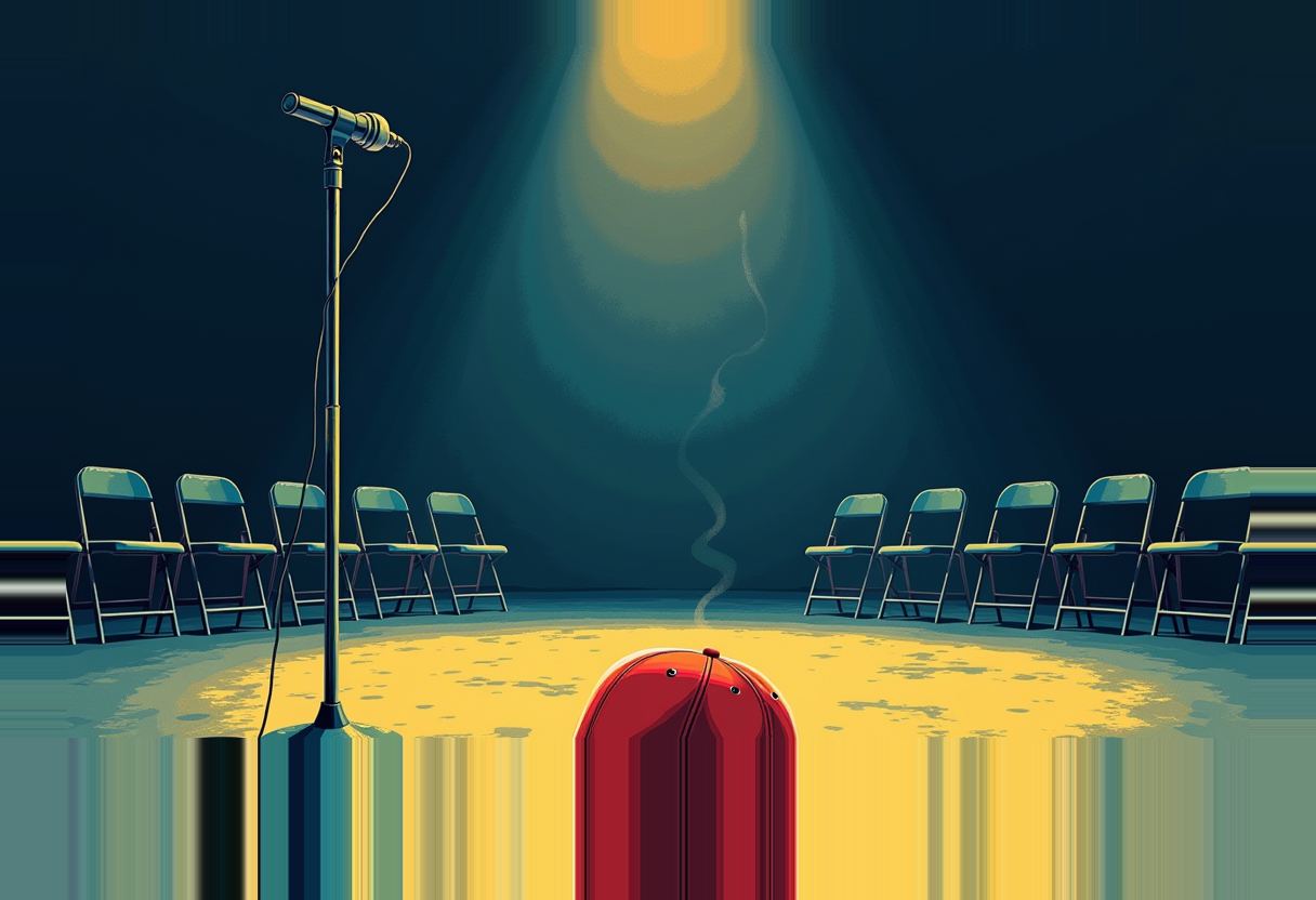 A microphone stand beside a red bar of soap on a spotlit stage, flanked by rows of empty folding chairs, with smoke rising behind.