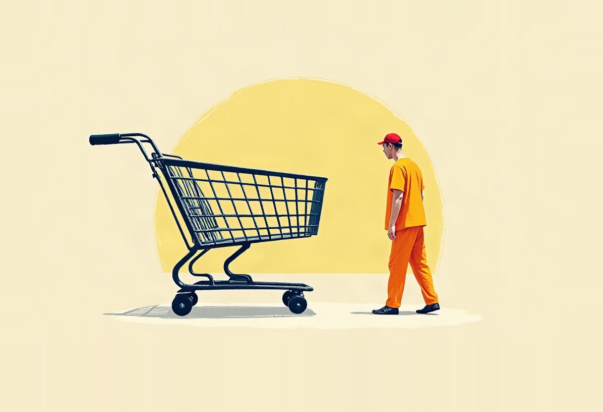 A man in an orange shirt, orange pants, and red cap walks toward an empty black shopping cart against a pale yellow background with a large yellow semicircle behind the cart.