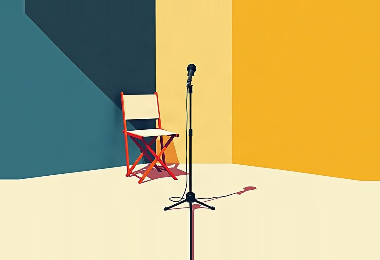 An empty red-and-cream folding chair beside an empty microphone stand on a cream floor, backed by geometric teal, pale-yellow, and orange wall panels.