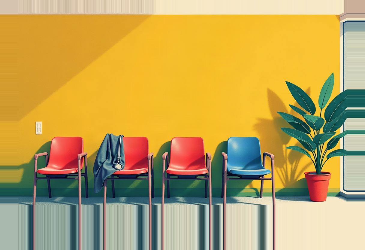 Four empty waiting-room chairs, three red and one blue, against a yellow wall, with a stethoscope draped over one chair and a potted plant beside them.