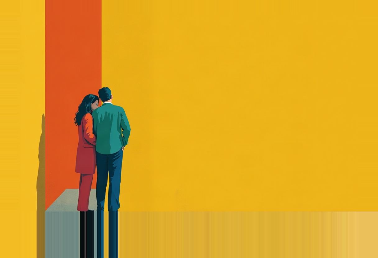Illustration of a woman in a red suit and a man in a green jacket standing close together with heads tilted toward each other, backs turned, against a yellow wall with an orange vertical panel.