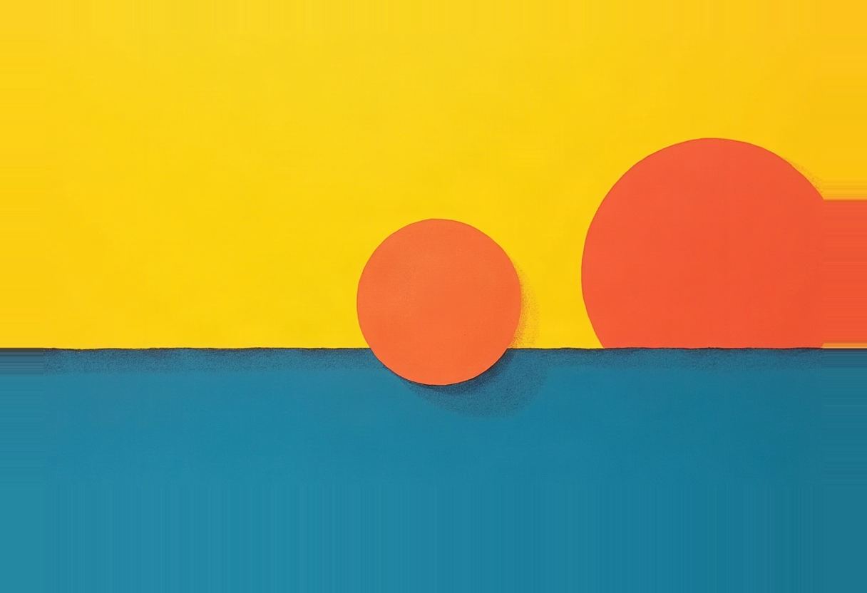 Two orange-red circles, one small and one large partially cropped at the edge, sit on a flat blue horizon line against a solid yellow background.