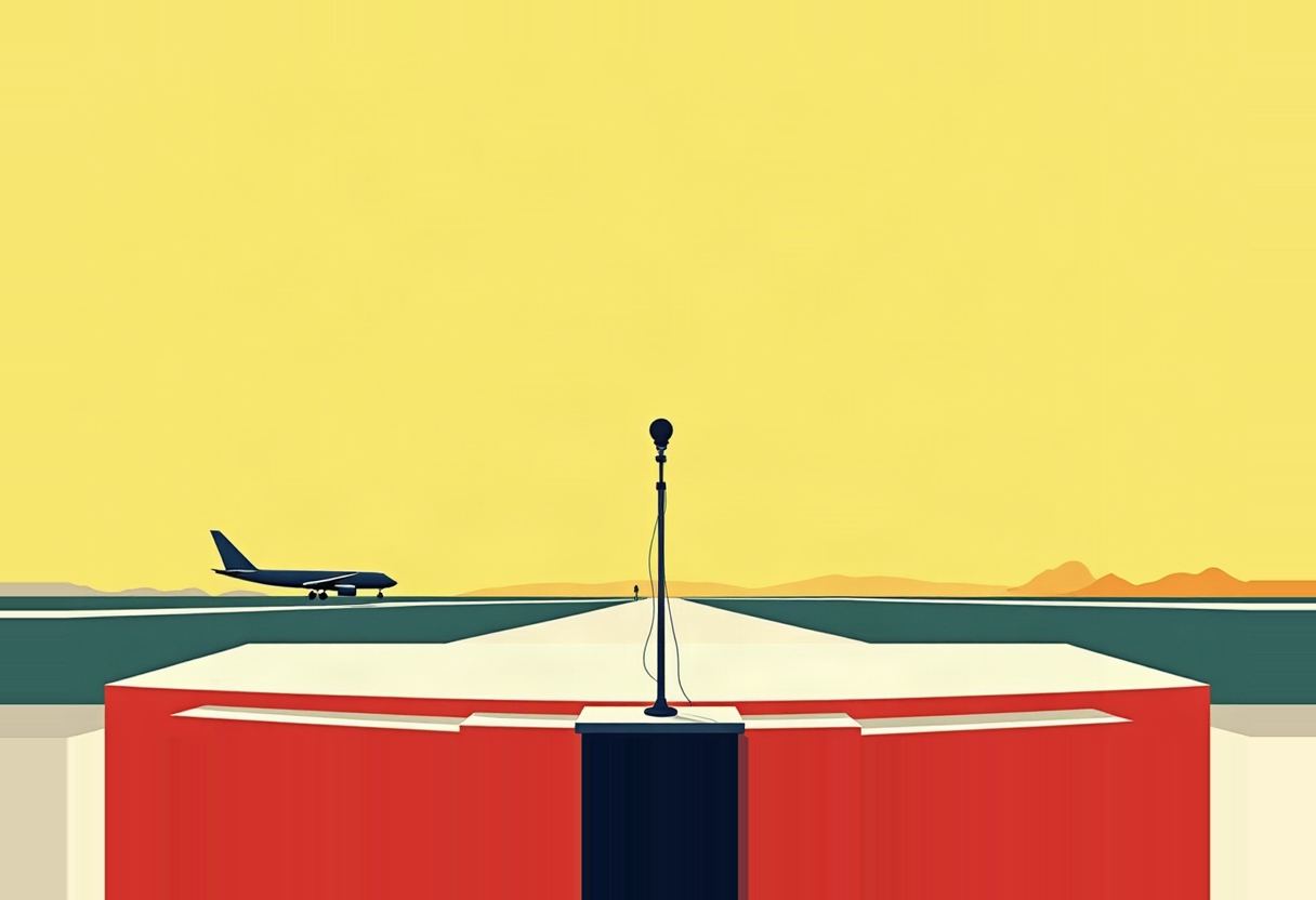 A standalone microphone stand on a red and white platform faces an empty airport tarmac with a jet taxiing under a yellow sky.
