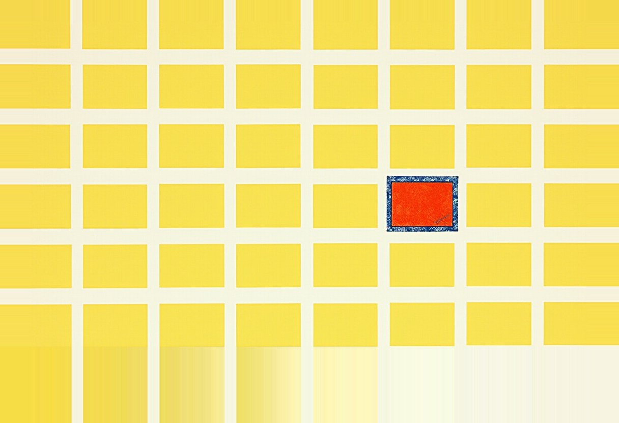 A grid of identical yellow rectangles on a cream background, with one rectangle in the middle rows replaced by an orange rectangle bordered in speckled navy blue.