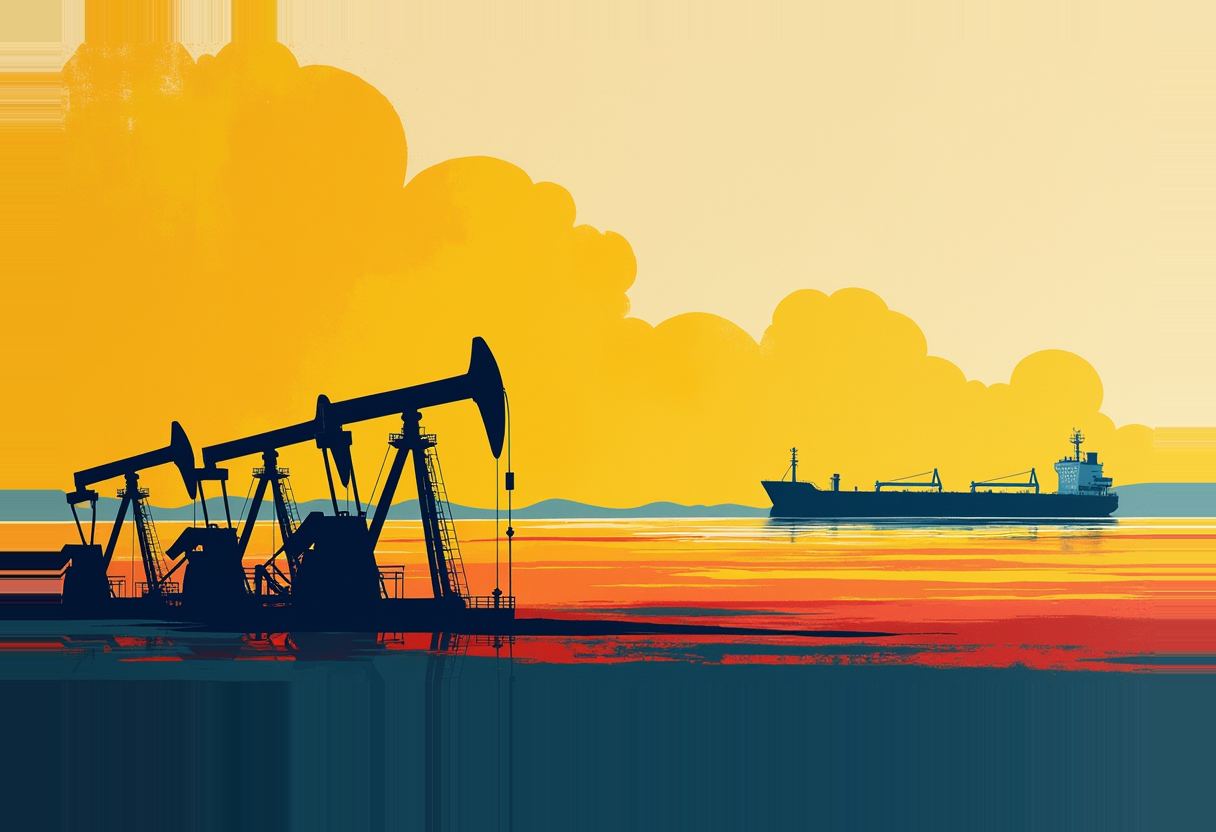 Three oil pumpjacks in silhouette on a shoreline face a tanker ship at sea, under a yellow sky with a red-orange horizon.